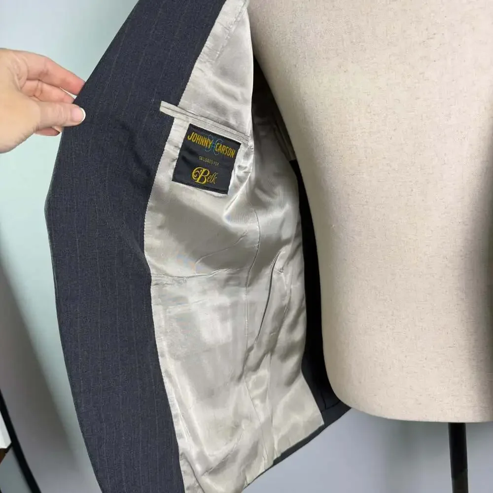 Johnny Carson Vintage 40R Charcoal Gray Pinstripe Suit Jacket Blazer Tailored